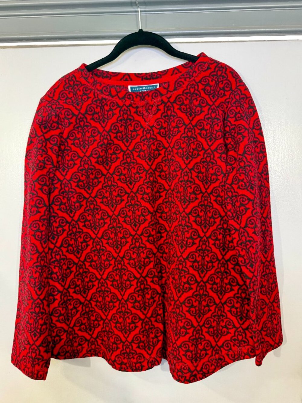 Karen Scott Sport Red Black Damask Print Fleece Pullover Women’s L